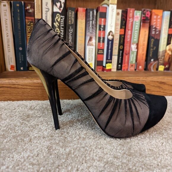 JEAN-MICHEL cazabat horn stilleto heel suede cap toe black mesh overlay  sz 38.5 - Picture 6 of 9